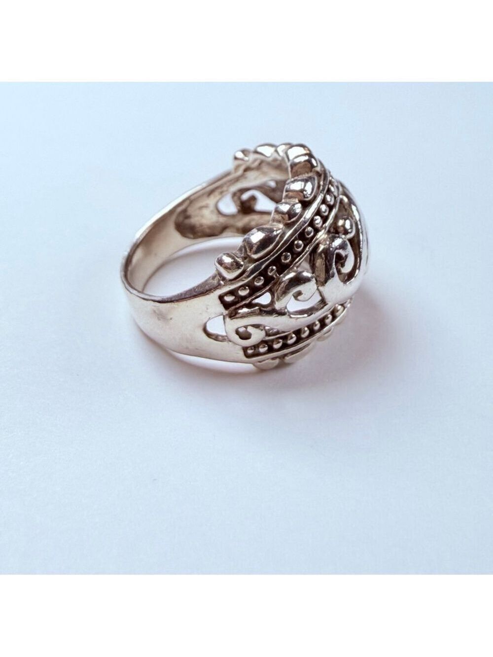 Dome Ornate Scroll & Filigree Dotted 925 Sterling Silver 16.5mm Vintage Ring - Picture 4 of 10